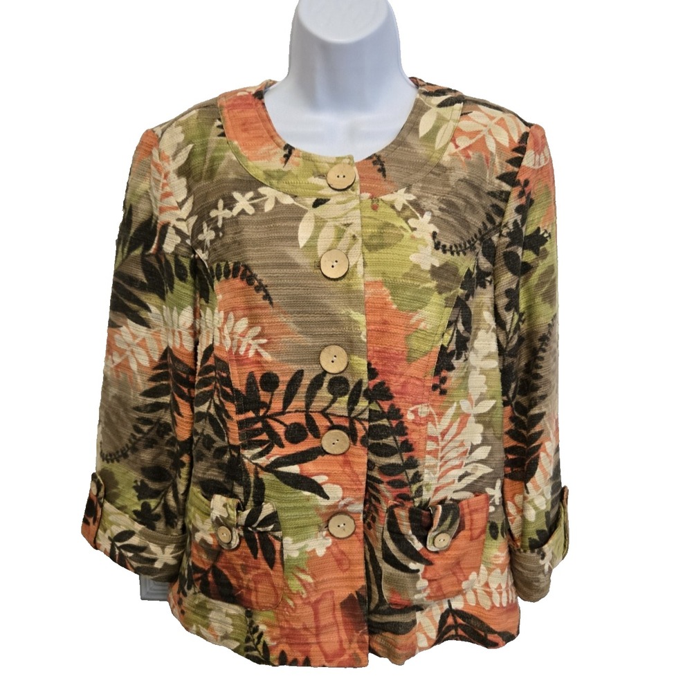 Alexis& Avery Women's Blazer Button Up 3/4 Sleeve Linen Blend Floral Size 10‎